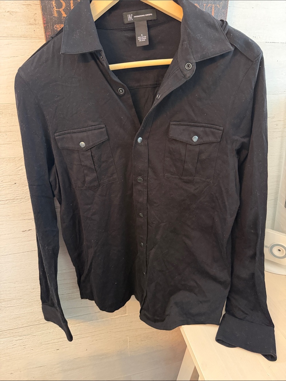 INC International Concepts Black Snap Button Down Casual Shirt 100% Cotton